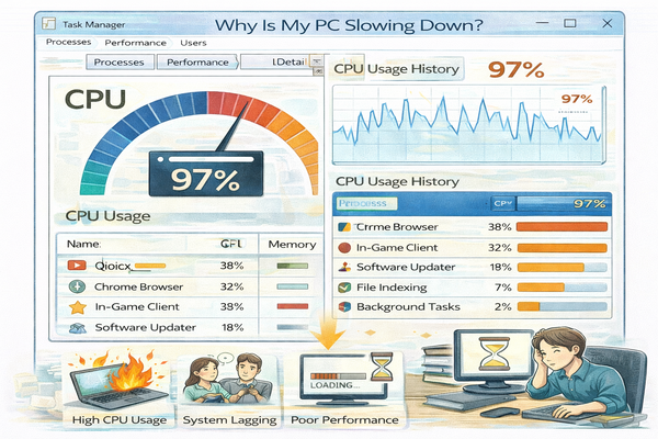 PC 느려지는 구조를 설명하는 작업 관리자 CPU 사용률 화면