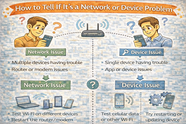 네트워크 문제인지 기기 문제인지 구분하는 법을 설명하는 개념 구조 이미지