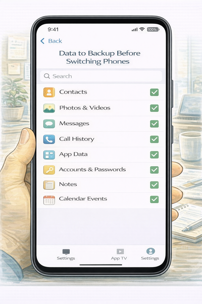 휴대폰 변경 전 백업해야 할 데이터 목록을 확인하는 스마트폰 설정 화면
