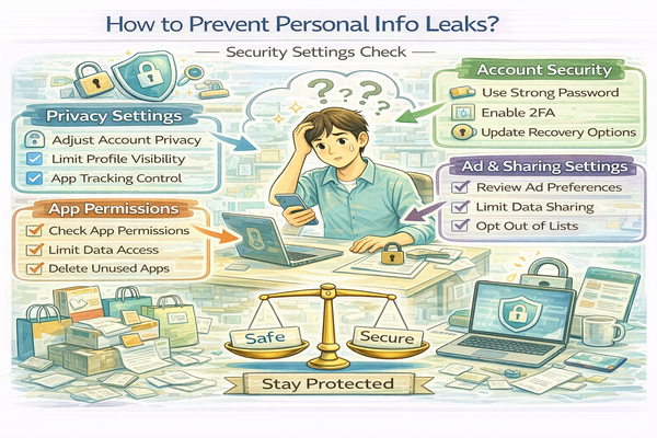 개인 정보 유출을 막기 위해 꼭 확인해야 할 설정 항목을 설명하는 보안 구조 이미지