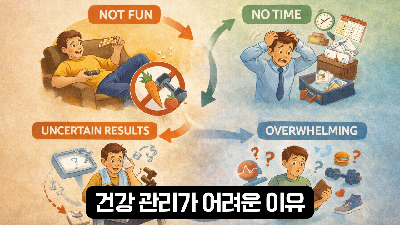 건강 관리가 어려운 이유를 설명하는 정보 구조 이미지