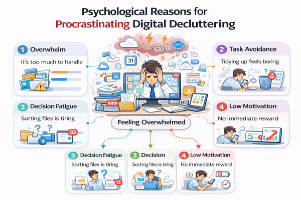 디지털 정리를 미루게 되는 심리적 이유 구조 설명 이미지