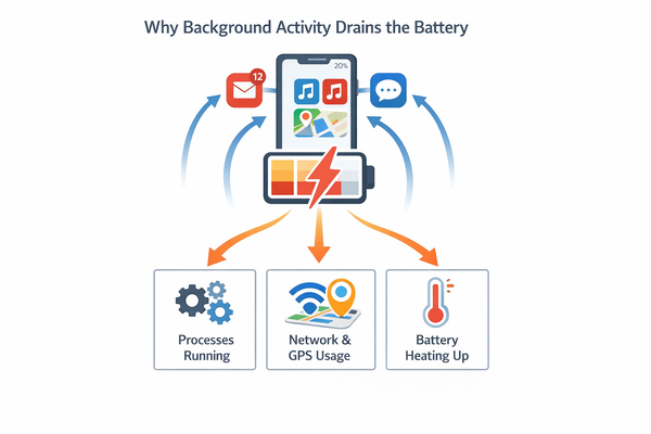 백그라운드 실행이 배터리를 줄이는 이유를 설명하는 스마트폰 앱 동작 구조