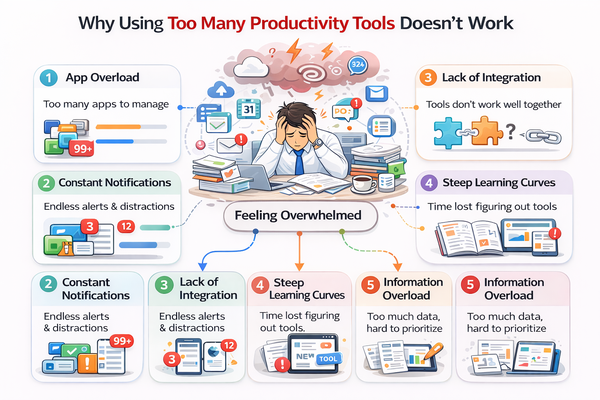 생산성 도구를 많이 써도 효과 없는 이유 구조 설명 이미지