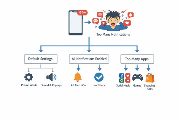 스마트폰 알림이 너무 많은 이유를 설명하는 알림 설정 구조 이미지