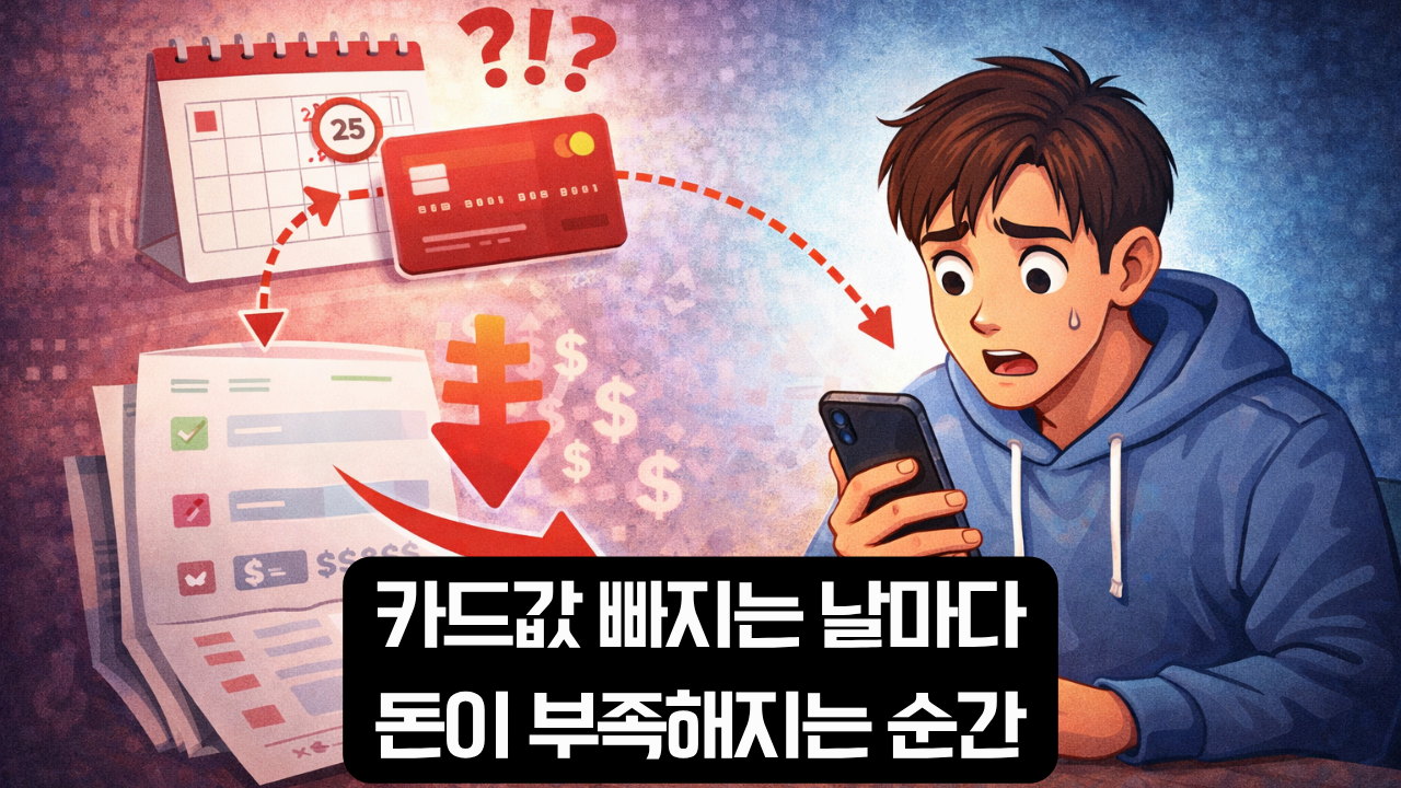 카드값 빠지는 날마다 돈이 부족해지는 순간을 설명한 이미지