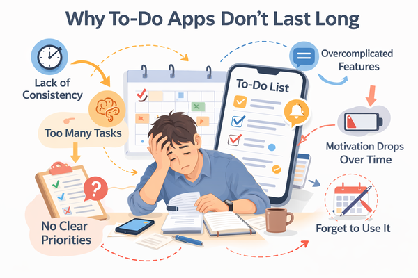 할 일 앱이 오래 유지되지 않는 이유를 설명하는 일정 관리 구조 이미지