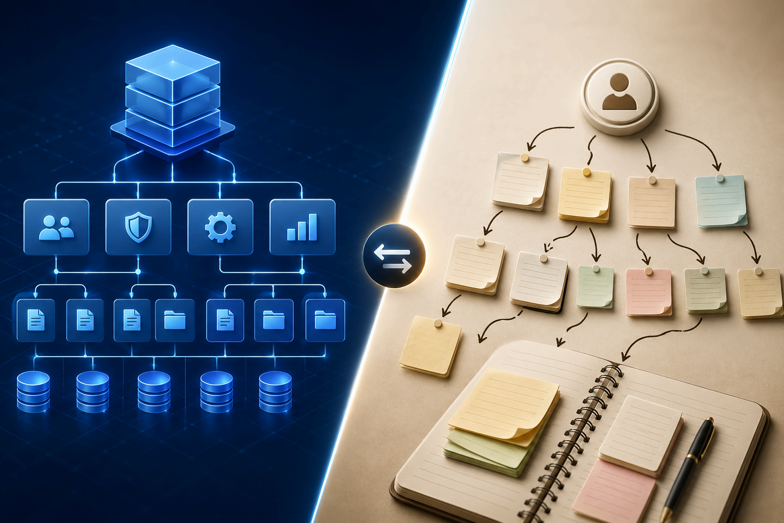 디지털 관리 구조의 혼란과 체계적인 시스템을 대조하여 보여주는 인포그래픽 이미지